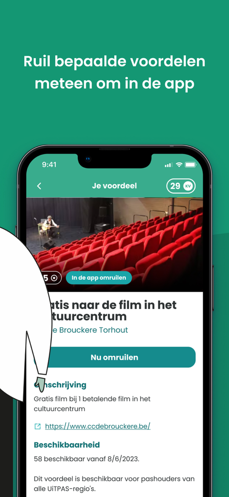 UiTPAS app screen showing a movie reward at a cultural center with a redeem now button