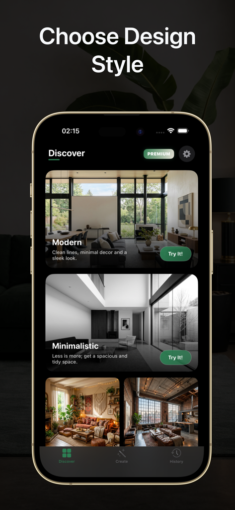 AI Room Design - Decor - AI Room Design App-Oberfläche zeigt eine Liste von Inneneinrichtungsstilen wie modern und minimalistisch zur Auswahl