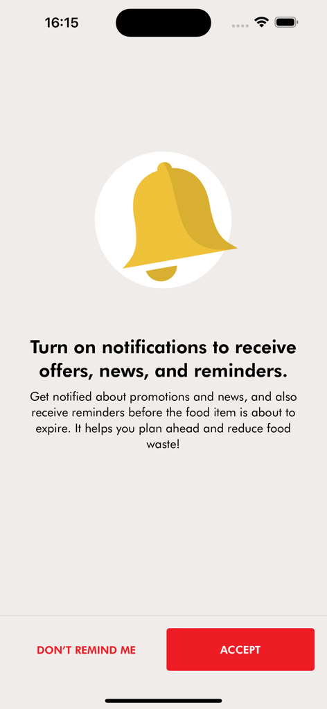 ZWILLING App - A screen in the ZWILLING App prompting users to enable notifications for food expiration reminders and news.
