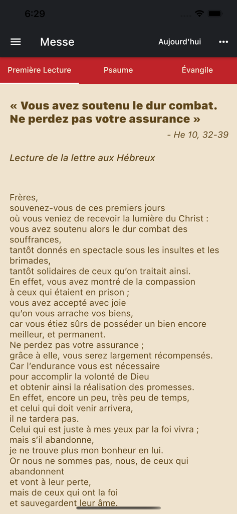 Aplicación móvil Biblia católica AELF mostrando la primera lectura diaria de la Misa en francés