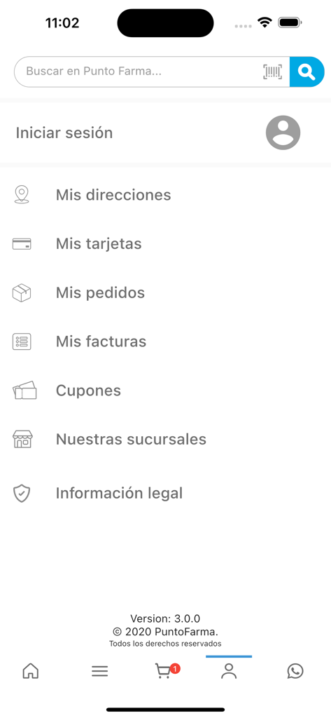 PuntoFarma app user account screen with menu options in Spanish