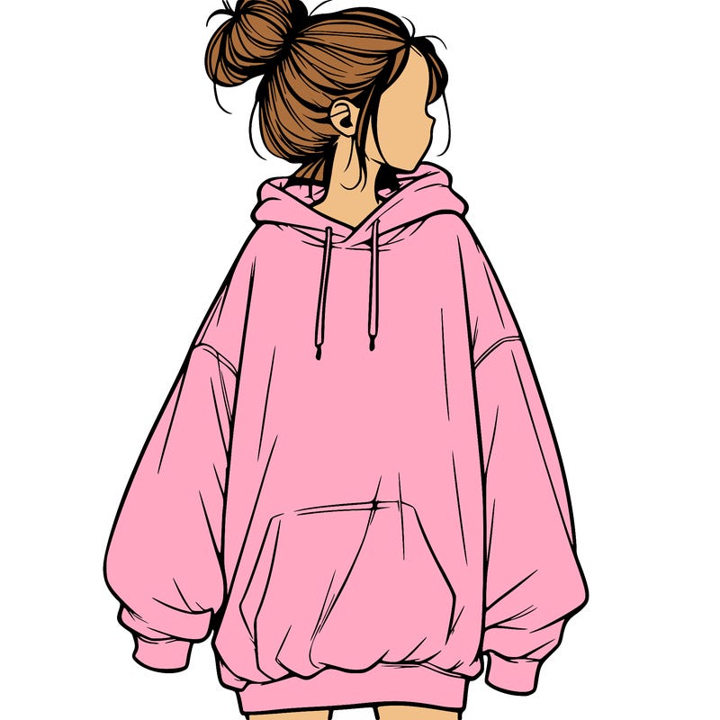 realistic girl with a oversized sweatshirt on and a bun