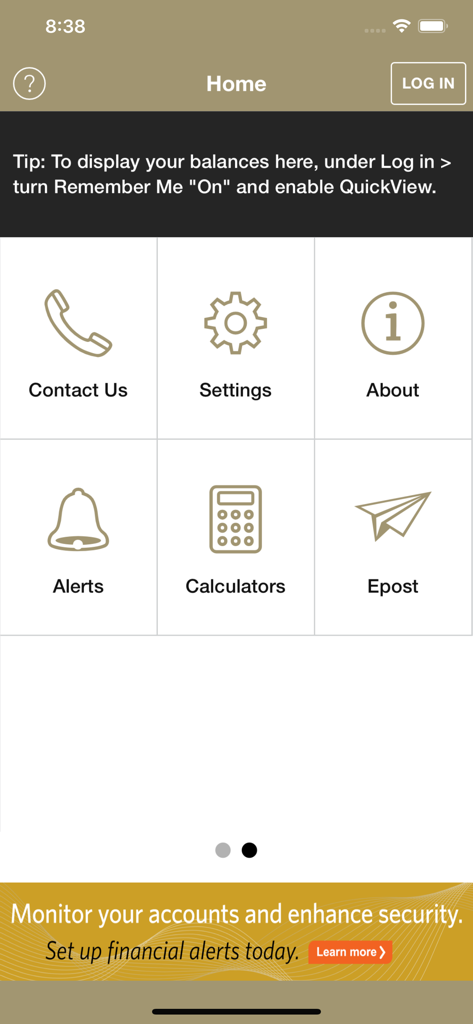 Schermata principale dell'app mobile BlueShore Financial con icone per Contattaci, Impostazioni, Informazioni, Avvisi, Calcolatori ed Epost.