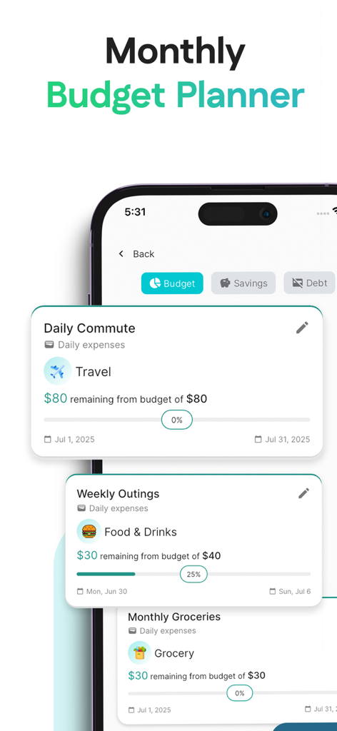 Rolly: AI Budget Money Tracker - Rolly AI app interface displaying a monthly budget planner with category cards for travel outings and groceries