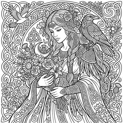 Unleash your creativity with this stunning Mother's Day coloring page featuring the powerful Celtic goddess, The Morrígan, surrounded by floral splendor and mystic symbols. This intricate design offers a unique way to celebrate the strength and nurturing spirit of motherhood.