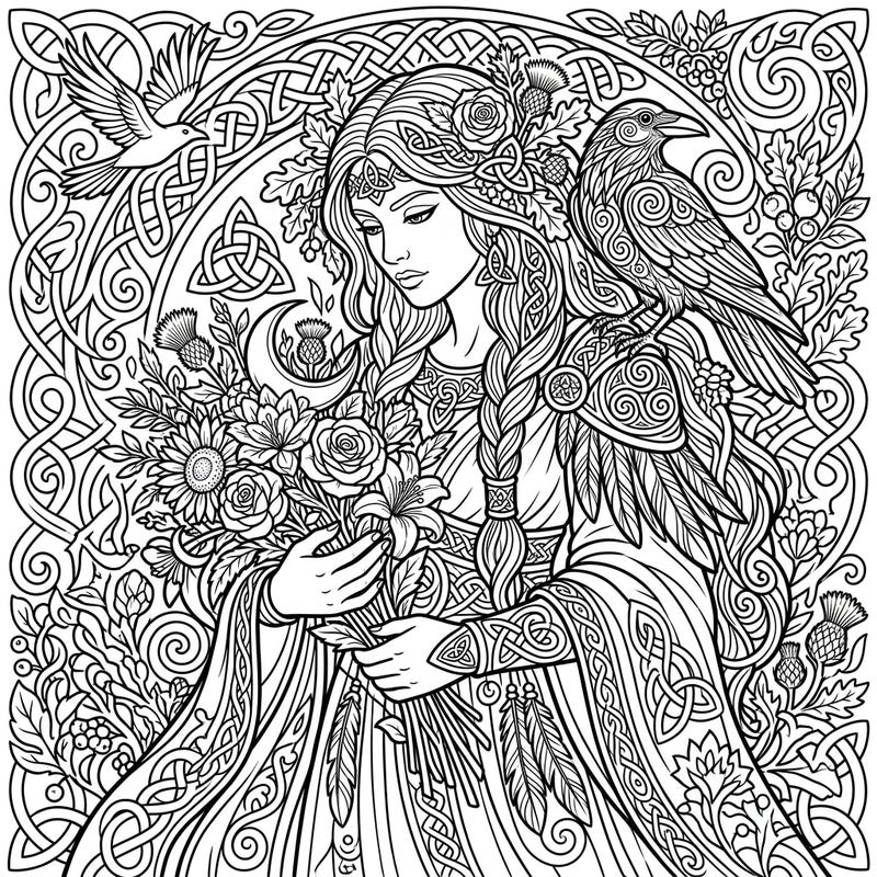 Unleash your creativity with this stunning Mother's Day coloring page featuring the powerful Celtic goddess, The Morrígan, surrounded by floral splendor and mystic symbols. This intricate design offers a unique way to celebrate the strength and nurturing spirit of motherhood.