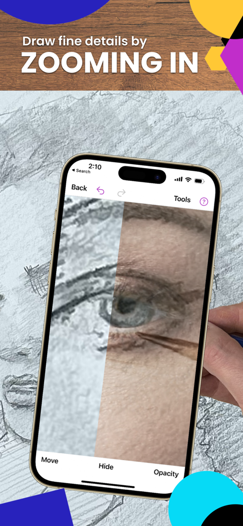 Zooming in on a drawing eye using Da Vinci Eye AR trace app