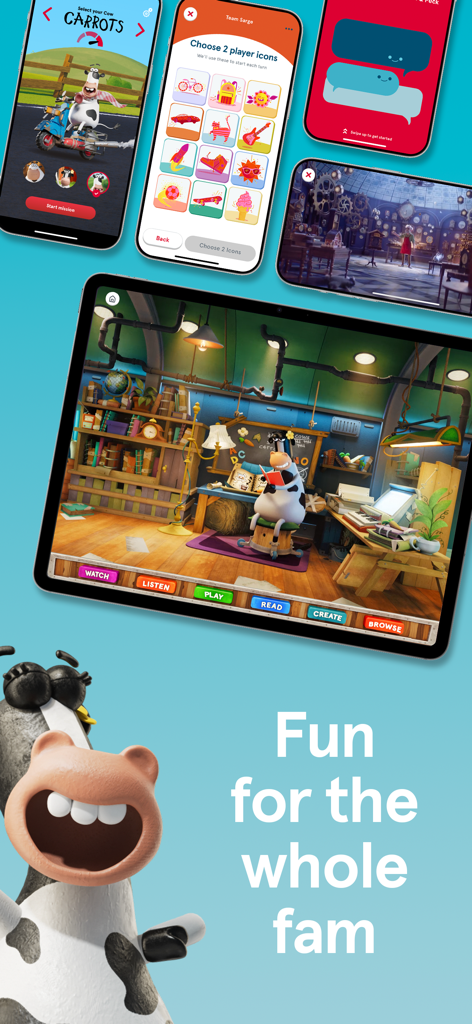 Chick-fil-A Play - Promotional image for Chick-fil-A Play app showing various games and shows for families