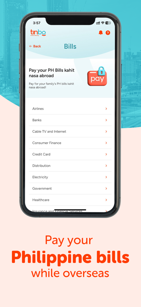 TinBo (Tindahan ni Bossing) - TinBo app interface for paying Philippine bills from abroad including categories like electricity and government