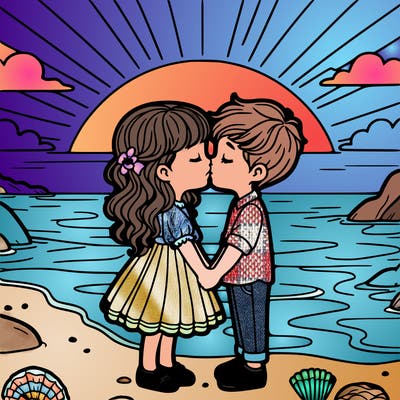 girl and boy kissing at beach sunset