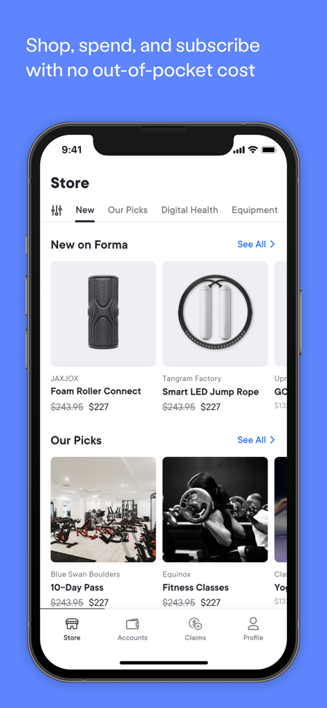 Forma: Flexible Benefit Suite  - Interface of the Forma app store showing various wellness products and fitness services for employees.