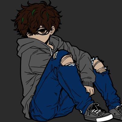 a male hoddie ripped jeans messy hair anime