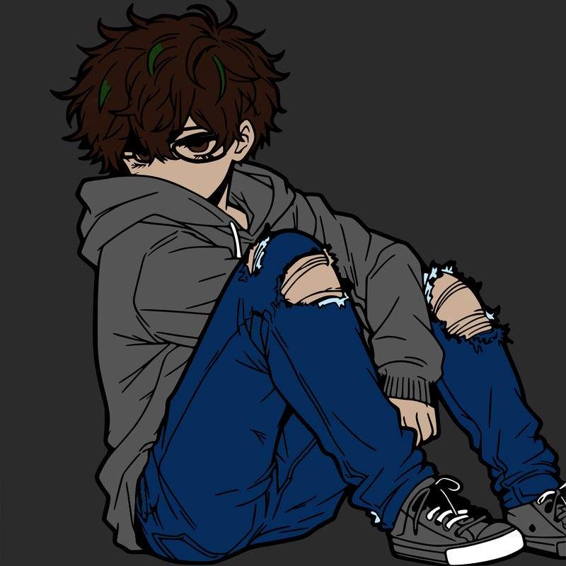 a male hoddie ripped jeans messy hair anime
