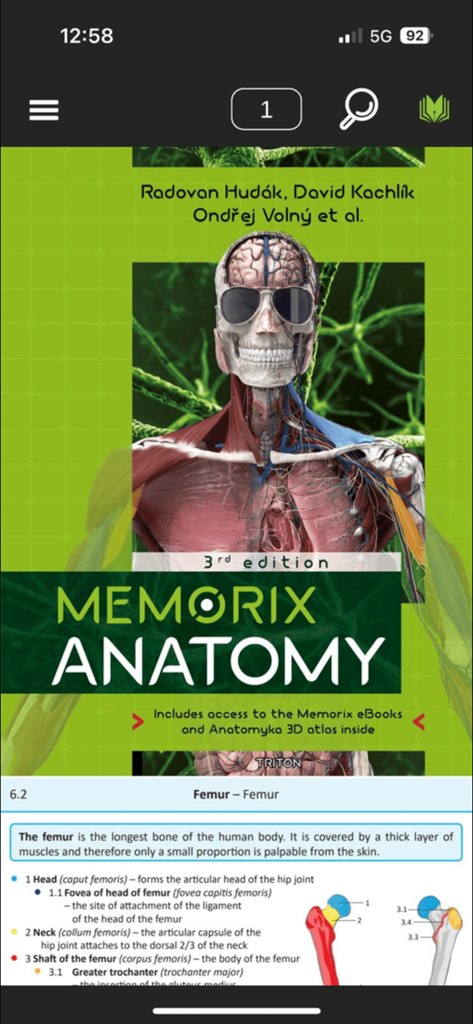Screenshot of the Memorix Anatomy app showing a book cover and anatomical details of the femur