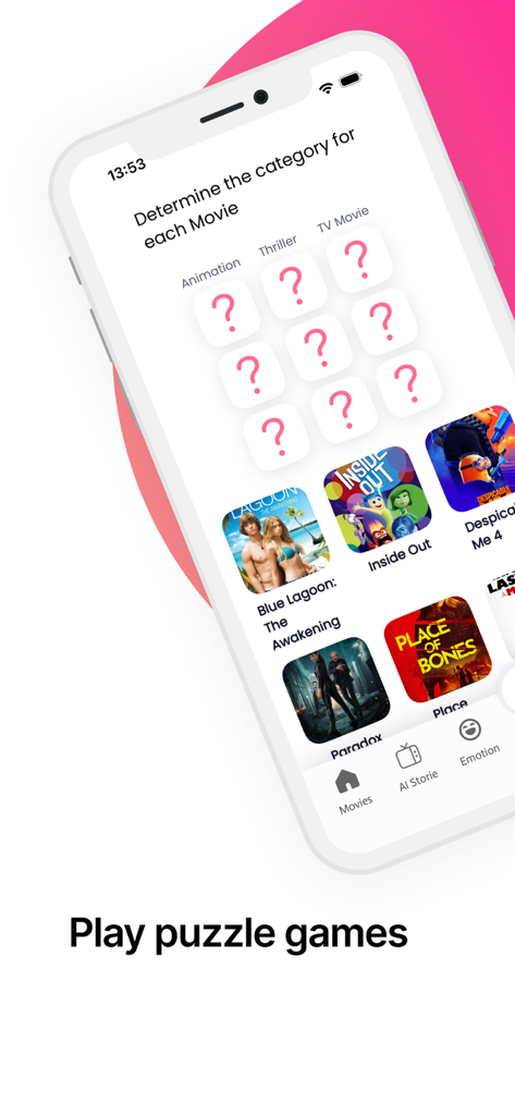 Une capture d'écran mobile montrant un jeu de quiz sur les films où les utilisateurs classent des films comme Vice-versa et Moi, moche et méchant