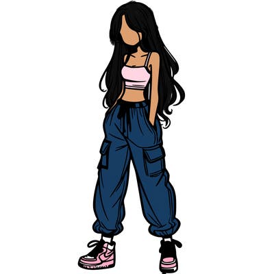 girl in baggy pants crop top and long hair