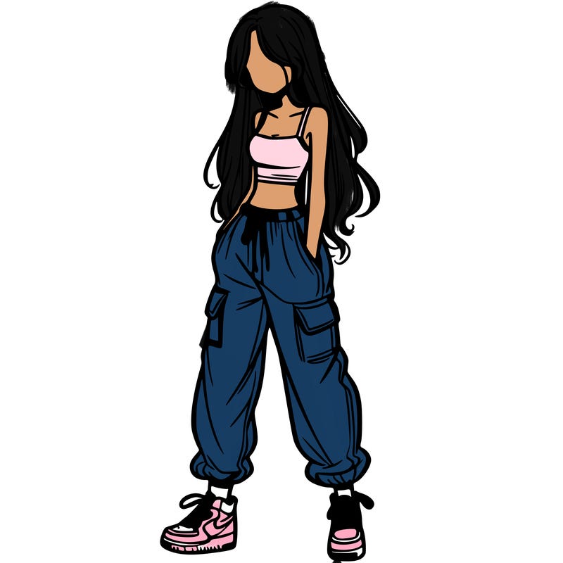 girl in baggy pants crop top and long hair