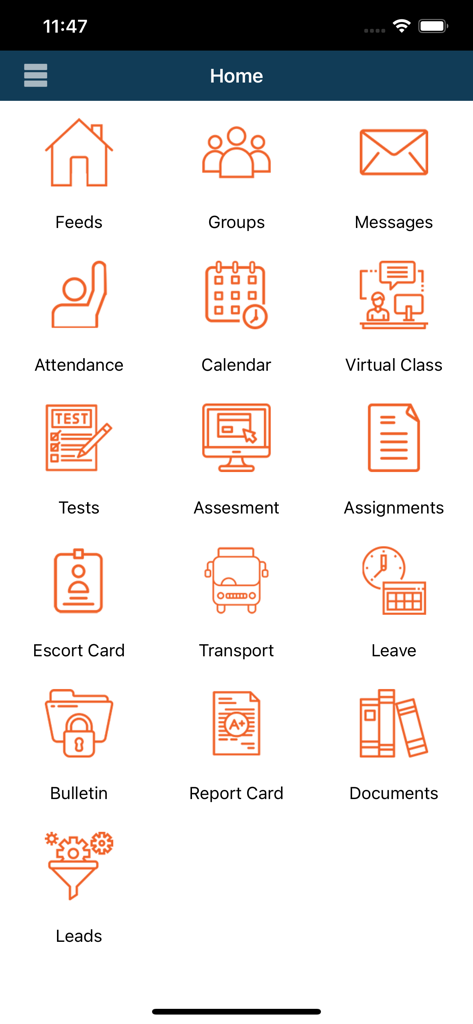 Skolaro - Tela inicial do app móvel Skolaro exibindo uma grade de ícones para recursos escolares como notas de frequência e calendário