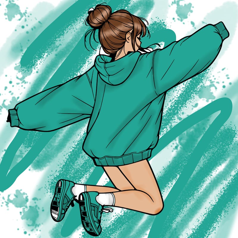 realistic girl jumping with a bun and oversized sweatshirt