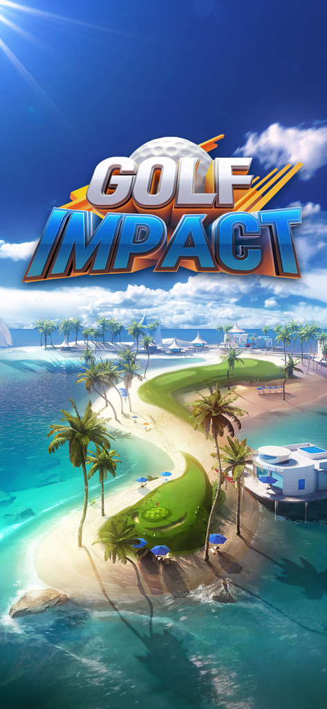Golf Impact - Real Golf Game - Golf Impact game logo over a scenic tropical island golf course