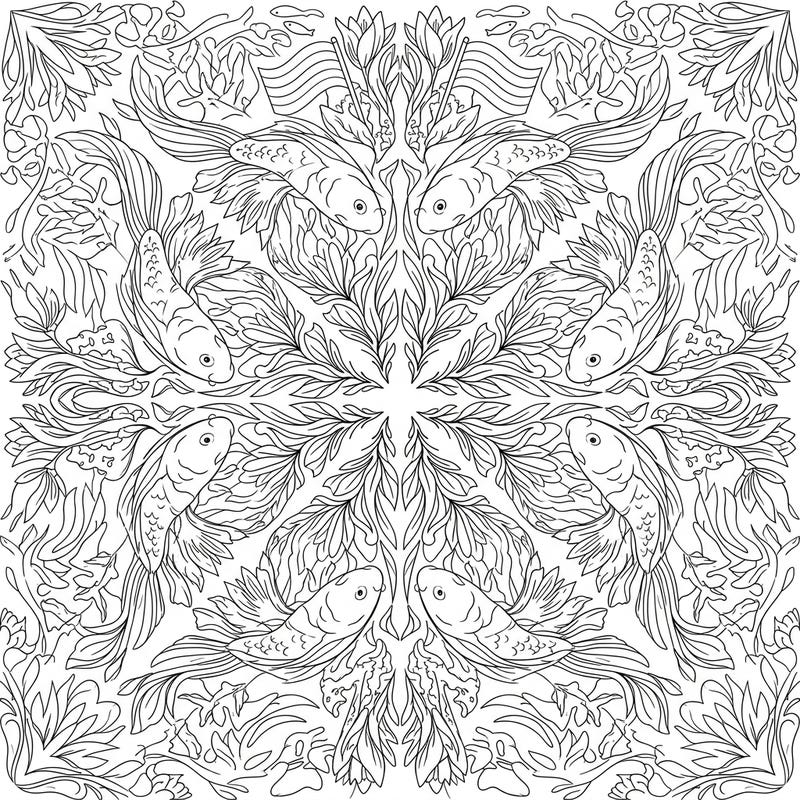 Celebrate the vibrancy of spring with this stunning kaleidoscope fish coloring page. Immerse yourself in an aquatic wonderland featuring intricate mirrored patterns and blooming flora, perfect for a relaxing creative escape.