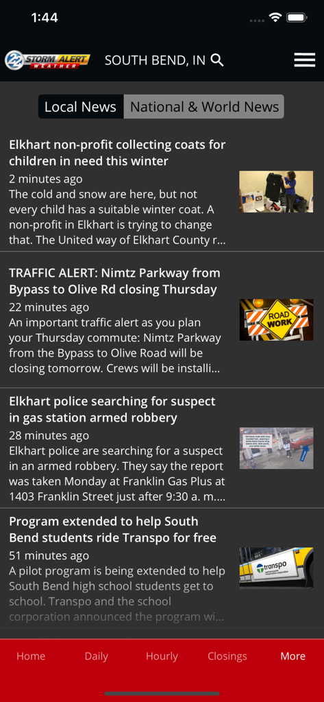 Local news headlines and traffic alerts for South Bend and Elkhart on the WSBTweather app.
