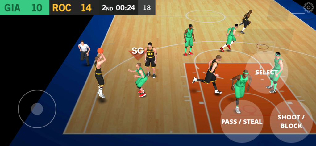 A basketball match in progress in DoubleClutch showing the 2-button arcade controls and simple court graphics.