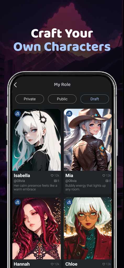 A smartphone screen displaying a gallery of anime-style AI characters in the Spark Chat app