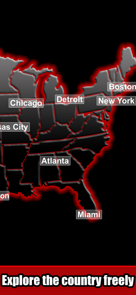 Crime Life Simulator -Text GTA - A map of the United States highlighting major cities like New York and Miami with the text Explore the country freely.