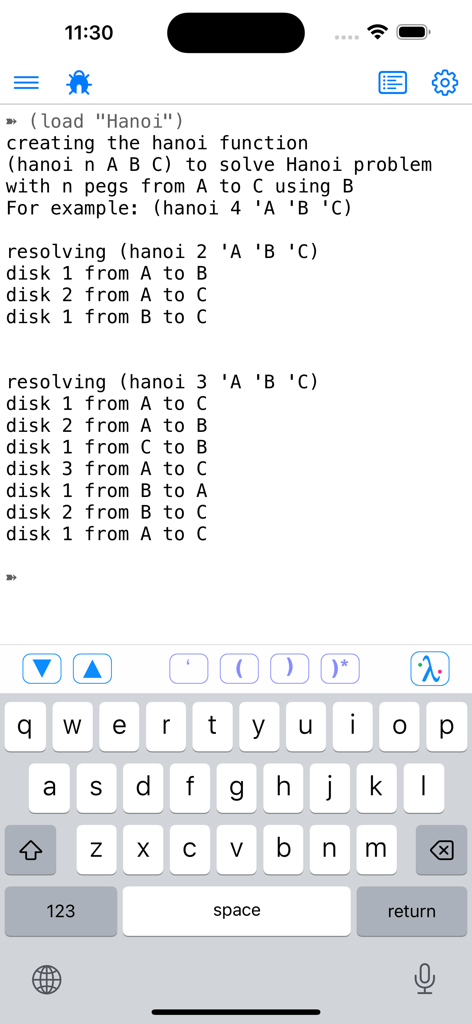 My Lisp - iPhone에서 하노이 탑 재귀 퍼즐을 푸는 Lisp 인터프리터