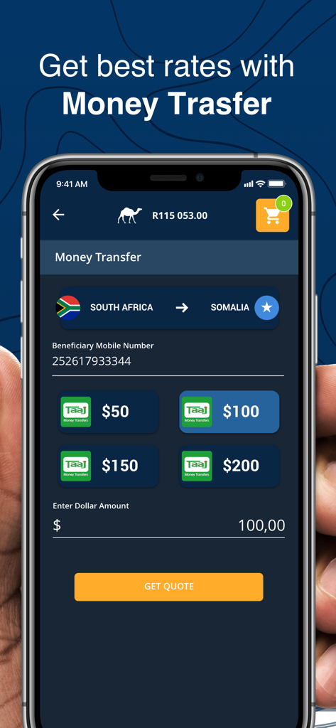 Shop2Shop - Interface of the Shop2Shop app showing a money transfer from South Africa to Somalia with various dollar amount options