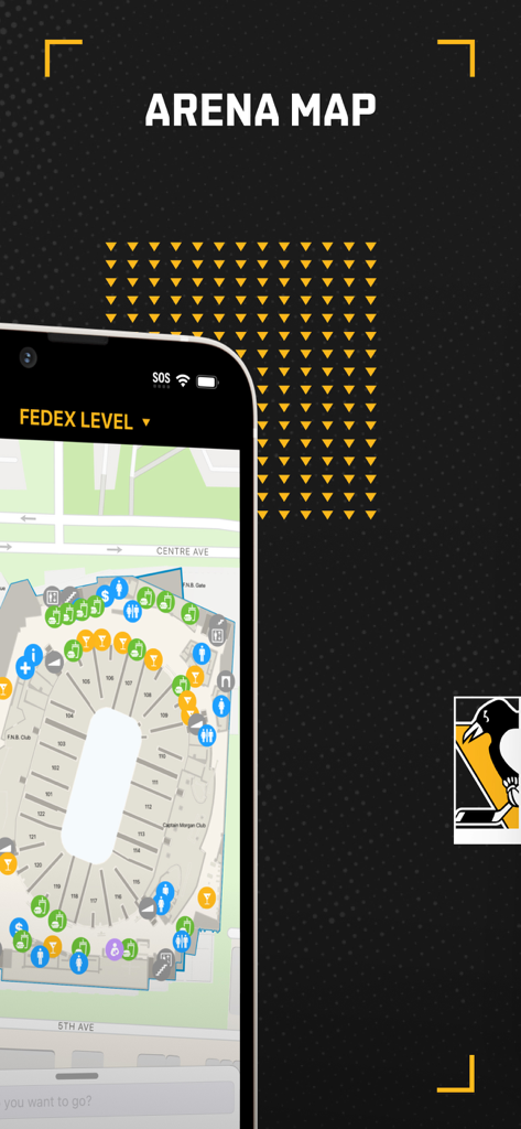 Interactive PPG Paints Arena map on the Pittsburgh Penguins mobile app showing the FedEx Level