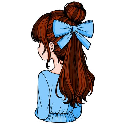 realistic girl  with hip length hair a bun and a big bow on the back of head