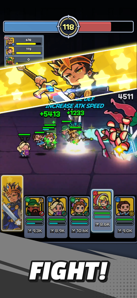 Mini Tales: GO! - A vibrant RPG battle scene in Mini Tales GO featuring stylized heroes and combat effects