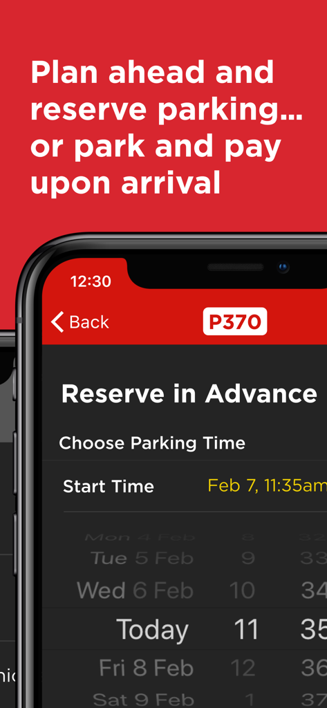 Capture d'écran de l'application Premium Parking affichant la fonction de réservation à l'avance pour choisir l'heure de début de stationnement