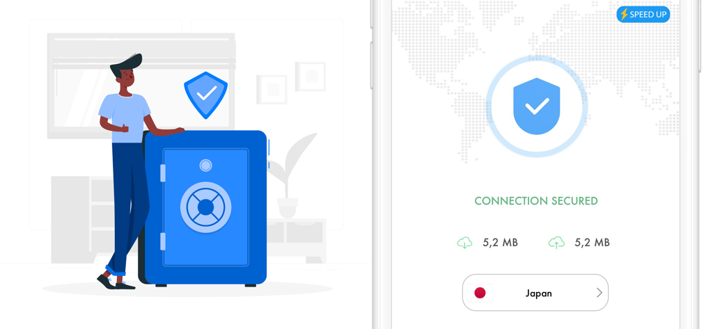 VPN app interface displaying a secured connection to a Japan server and an illustration representing data security