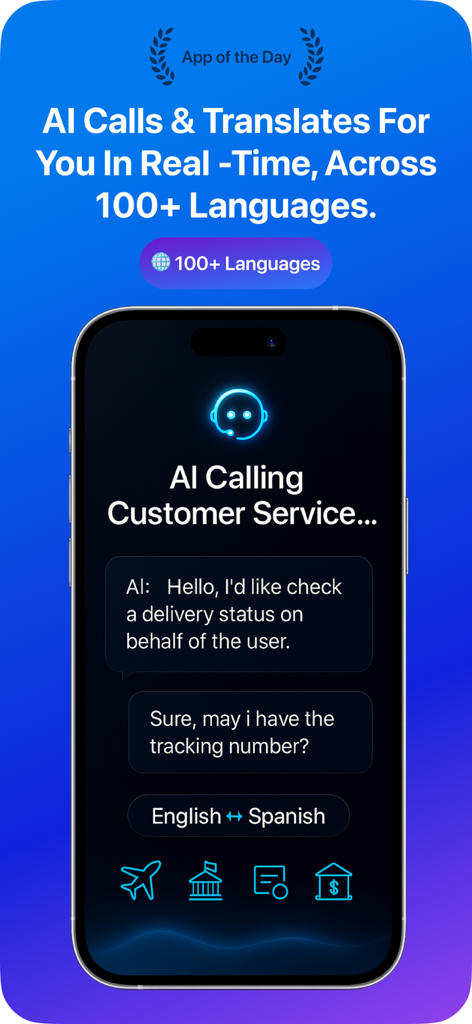 AI Call:Phone Translator&Agent - AI Call App-Oberfläche, die einen KI-Agenten zeigt, der mit dem Kundenservice über den Lieferstatus spricht