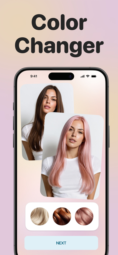 AI Hair Styles: Try On Haircut - Smartphone screen displaying the AI Hair Styles app's color changer feature with a woman trying on pink hair.