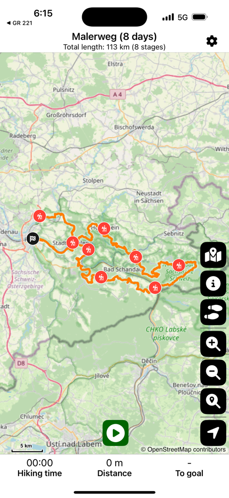 Malerweg - Germany - Map view of the Malerweg 8 day hiking route in Germany with trail markers