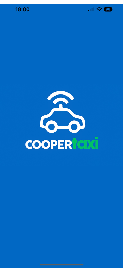 Coopertaxi MS - Tela de abertura do aplicativo Coopertaxi MS com logotipo de táxi e fundo azul
