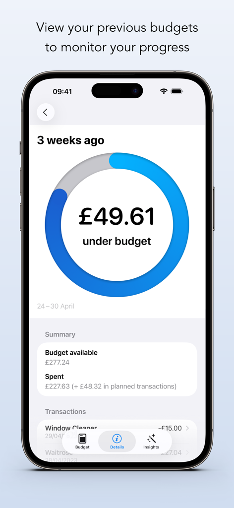 Budgeted - Budgetedアプリの画面に、貯蓄を示す円グラフと取引リストを備えた前週の予算の概要が表示されています。