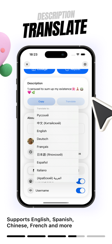 Repost Instant #Repost - Repost Instant app interface showing the multi-language caption translation feature for Instagram posts.
