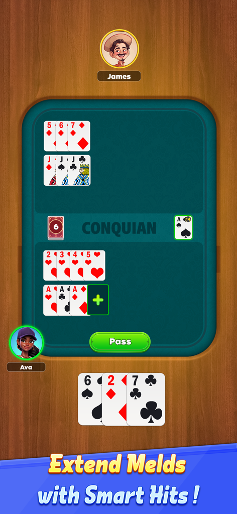 Conquian Card Game - Una pantalla de juego del Conquian que muestra combinaciones de cartas y avatares de jugadores