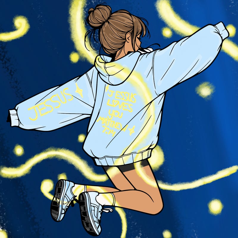 realistic girl jumping with a bun and oversized sweatshirt