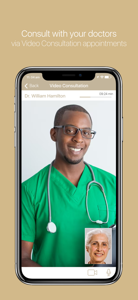 Ein Smartphone, das eine Live-Videokonsultation zwischen einem Arzt und einem Patienten innerhalb der App der Harley Street Clinic anzeigt