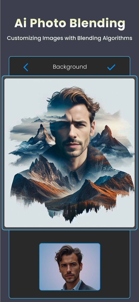 Double Exposure: Photo Merge - AI photo blending feature showing a portrait merged with mountains