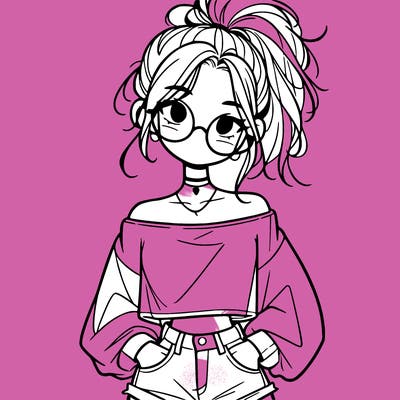 girl with a messy ponytail glasses a baggy crop top and jean shorts