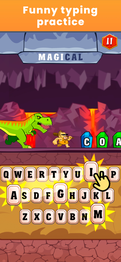 Typing Practice - Dino Hunting - A cartoon caveman running from a green dinosaur in a volcanic landscape with a large keyboard at the bottom for typing practice.