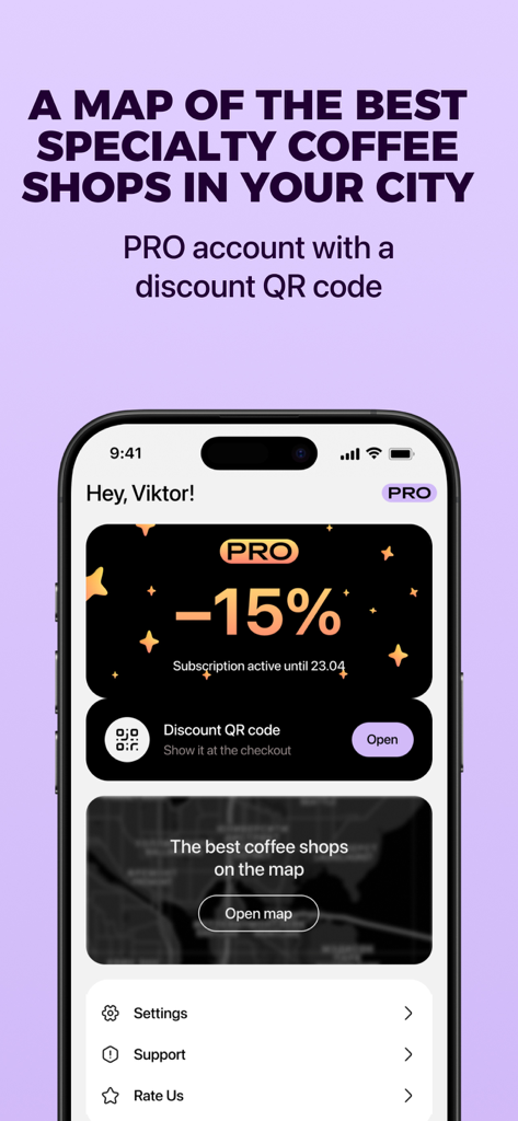 BrewRate – Coffee Reviews - BrewRate app interface showing a map of specialty coffee shops and a 15 percent discount QR code for pro users
