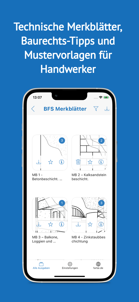 Smartphone-Bildschirm mit technischen BFS-Merkblättern in der Maler-App für Profi-Maler